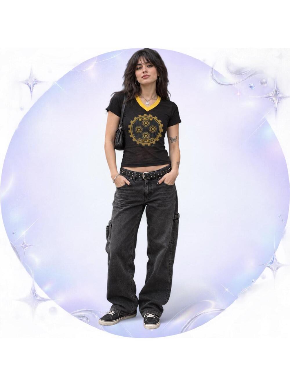 1972 BLACK YELLOW DISTRESSED RINGER TEE Y2K GRAPHIC TOP